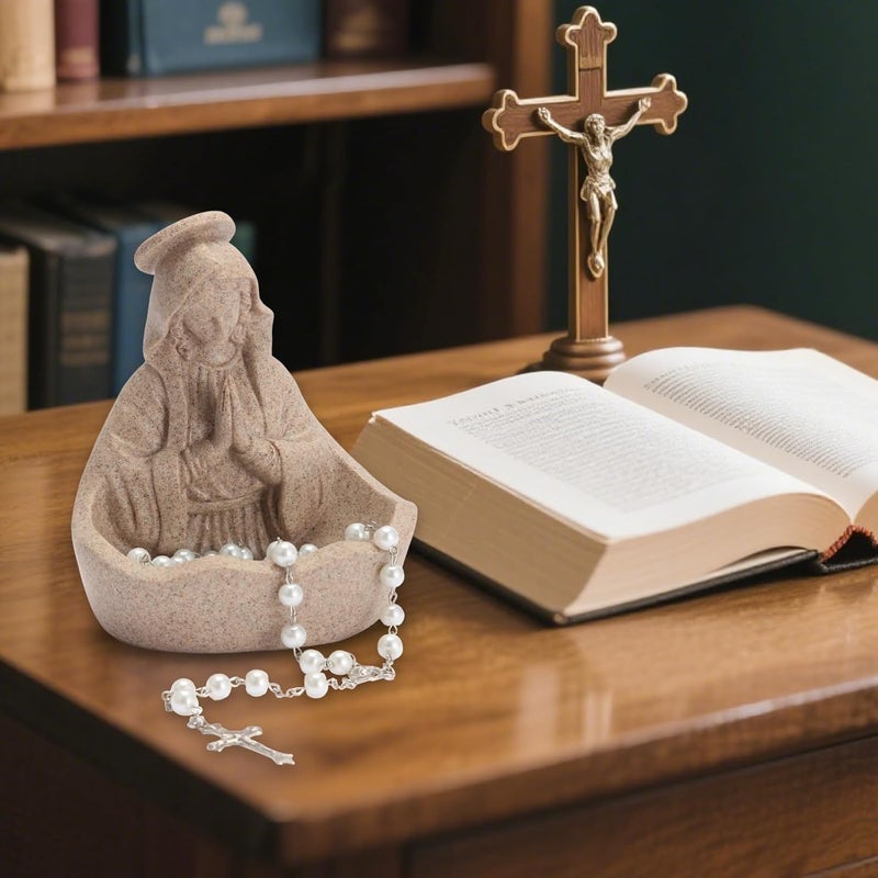 ULVEOL Virgin Mary Statue, Catholic Gifts for Women, Virgin Mary Keepsake Rosary Holder, 5.5" Blessed Mother Statues, Catholic Decor (Sandstone) - Image 2